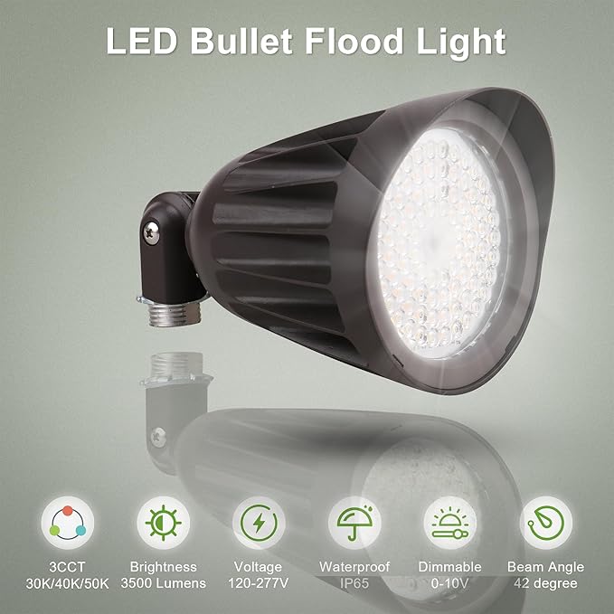25W LED Bullet Spotlight Flood Light, 3CCT Selectable 3000K/4000K/5000K, 3500LM Commercial Outdoor Landscape Light | Lumora