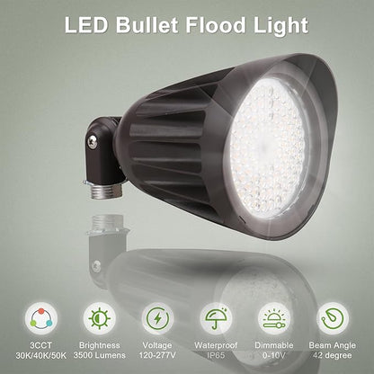 25W LED Bullet Spotlight Flood Light, 3CCT Selectable 3000K/4000K/5000K, 3500LM Commercial Outdoor Landscape Light with Knuckle Mount, 0-10V Dimmable, 120-277V, UL Listed, 80W MH Replacement