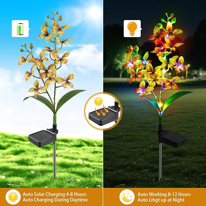 Solar Garden Lights, Solar Flower Lights with 4 Colors and 2 Lighting Modes, Suitable for Yard, Garden, Lawn, and Path Decoration(Yellow, 2 Pack)