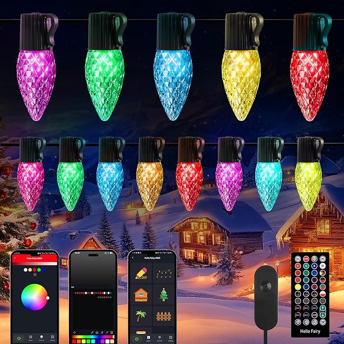 Brightown C9 LED Christmas Lights Outdoor, 150LED RGB Smart Christmas Tree Lights Music Sync DIY APP Controlled, Waterproof Connectable C9 String Lights for House Indoor Patio Xmas Decoration