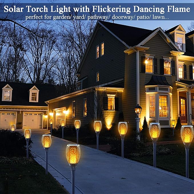 Large Size Solar Torch Light with Flickering Flame, Fire Effect Garden Lights Outdoor, IP65 Waterproof Tiki Torches for Pathway Yard Decor, Auto On/Off - Landscape Lighting (8 Pack)