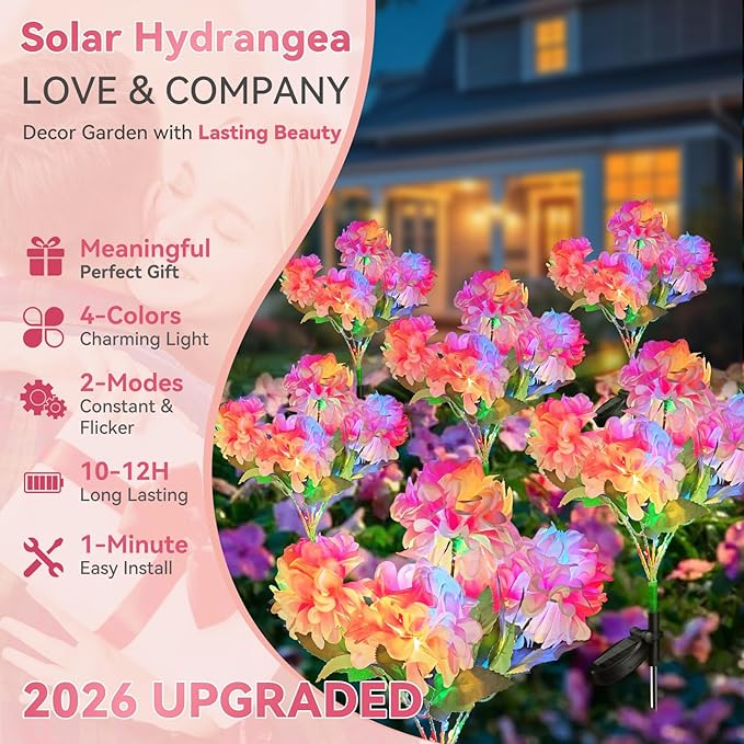 Neporal Solar Flowers Outdoor Waterproof IP65, 4PK 5-Head Hydrangea with 4-Color Light & 2 Lightning Modes, Solar Flower Lights Garden Lights Outdoor Waterproof for Garden, Yard,Pathway