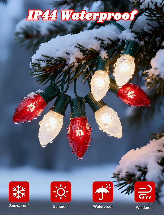 25ft C9 Red and White Christmas Lights,Waterproof C9 Christmas String Lights with 26 Red White Bulbs,Commercial Xmas Lights Outdoor for Garden House Xmas Garland Tree Decorations