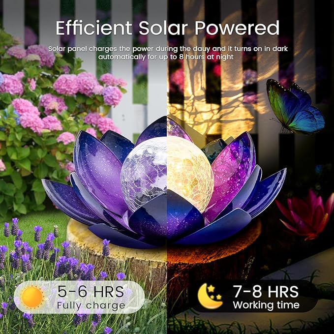 Huaxu Solar Lights for Outdoor Decor, Purple Lotus Flower Light, Waterproof LED Crackle Globe Glass Lamp for | Lumora
