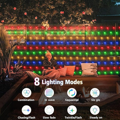 echosari Solar Powered Net Lights, 200 LED 9.8Ft x 6.6Ft Bush net Lights Dark Green Wire Auto On/Off 8 Modes for Bushes Shrubs Lawn Decor (Multicolor)
