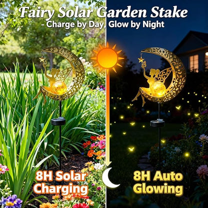 Solar Moon Stake Light, Fairy Garden Sculpture, Outdoor Waterproof Yard Art for Patio Lawn Decor, Mother's Day Spring Easter Gifts for Mom Grandma Women, Housewarming House Gift, Easy Install