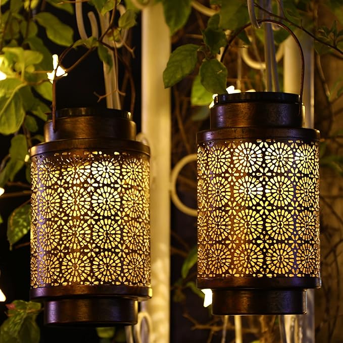 2 Pack Solar Lanterns, Outdoor Waterproof Hanging Led Lanterns, Metal Decorative Garden Lights, Solar Outdoor Lights Decor for Table Patio Yard Pathway, Bronze
