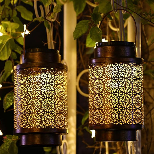 2 Pack Solar Lanterns, Outdoor Waterproof Hanging Led Lanterns, Metal Decorative Garden Lights, Solar Outdoor Lights Decor for Table Patio Yard Pathway, Bronze