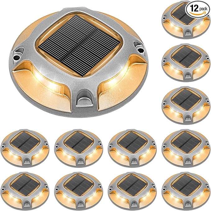 VOLISUN Solar Driveway Lights Dock Deck Lights 12 Pack,2 Colors in 1 Led IP67 Waterproof Outdoor Warning Step Lights for Driveway Sidewalk Pathway (White/Warm White)