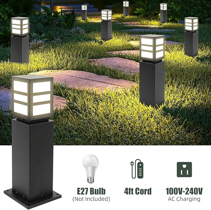 2Pack Landscape Path Lights 24" IP65 Waterproof Bollard Lights, Heavy Duty Steel Stable Widened Base E27 Lamp Holder, Modern Outdoor Path Lights Bollard for Lawn, Patio, Courtyard, Driveway, Oblong