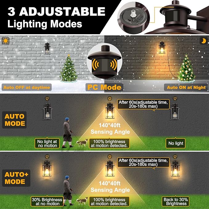 OKELI Retro Industrial Brown Outdoor Wall Lights with GFCI Outlet - Dusk to Dawn & Motion Sensor Porch Light, 3 Modes, Waterproof Anti-Rust Exterior Sconce for Porch,Garage, Patio, House
