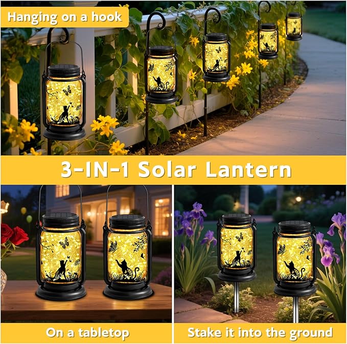 Cat Solar Lanterns 3-in-1 Outdoor Waterproof - Birthday Gifts for Cat Lovers Women Mom Christmas, Mason Jar Hanging Lanterns with Stake, Garden Decor Lights for Patio Yard Balcony Decorations