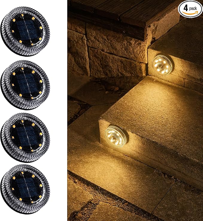 Glass Solar Step Lights with Wave Style, Modular-Design Waterproof Outdoor Fence Lights for Stairs Step Yard Patio Garden Wall Pathway, Decorative Patio Table Lighting, Warm White (4 Pack)