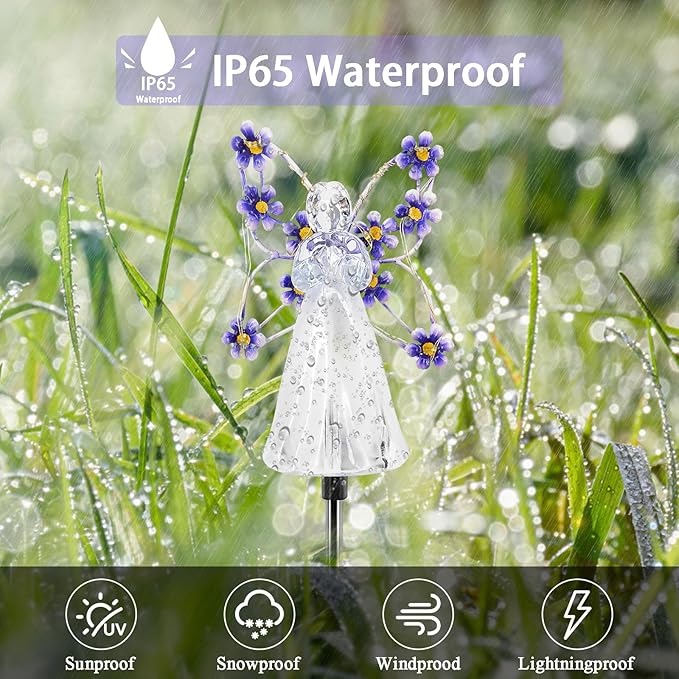 Solar Garden Lights, Fairy Angel Solar Powered Fairy Waterproof Light, 2pcs LED Outdoor Decorative Light, Pathway Lights for Cemetery Grave Memorial Garden Yard Lawn Sympathy Gifts (Purple - 2PCS)
