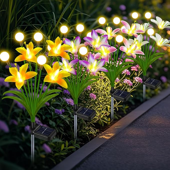 Solar Lights Outdoor Flowers Garden Decor,Firefly Lights with 4 Color Wild Lily Light, Solar Flowers Outdoor Waterproof for Patio Yard Gifts for Women Mom