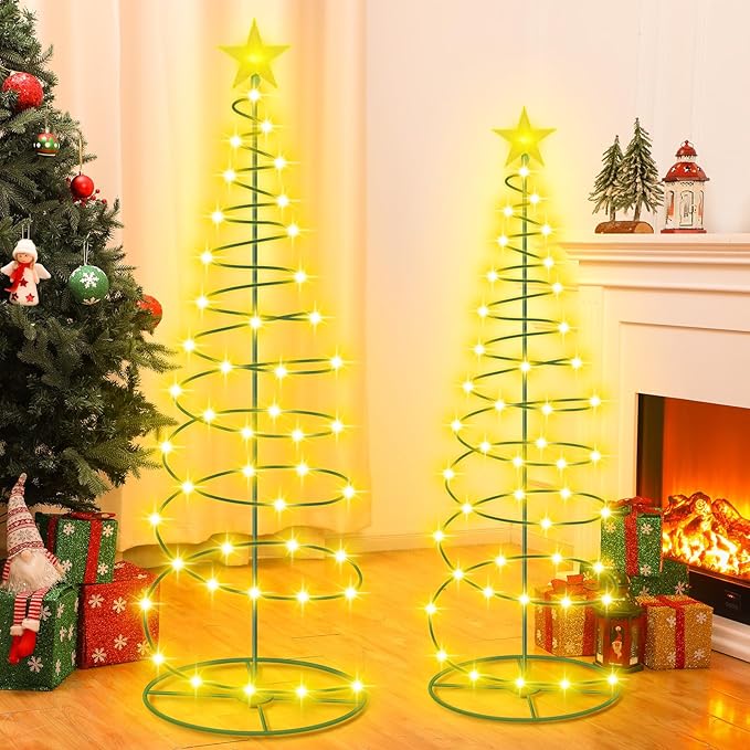 VIHOSE 3 Pcs Solar Spiral Christmas Tree Outdoor Prelit LED Light with Warm White Lights, 8 Modes, One 3 ft and Two 4 ft Light up Xmas Pathway Markers Indoor Holiday Christmas Decoration Lamp