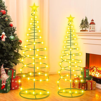 VIHOSE 3 Pcs Solar Spiral Christmas Tree Outdoor Prelit LED Light with Warm White Lights, 8 Modes, One 3 ft and Two 4 ft Light up Xmas Pathway Markers Indoor Holiday Christmas Decoration Lamp