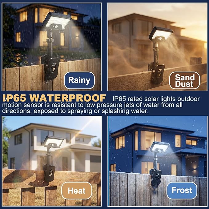 Clip On Solar Lights Outdoor,92 LEDs 600LM Motion Sensor Outdoor Lights,Solar Powered Fence Lights,IP65 Waterproof Security Lights forr Fence, Gutter, Deck and Camping. (Clip Mount 2 Pack)