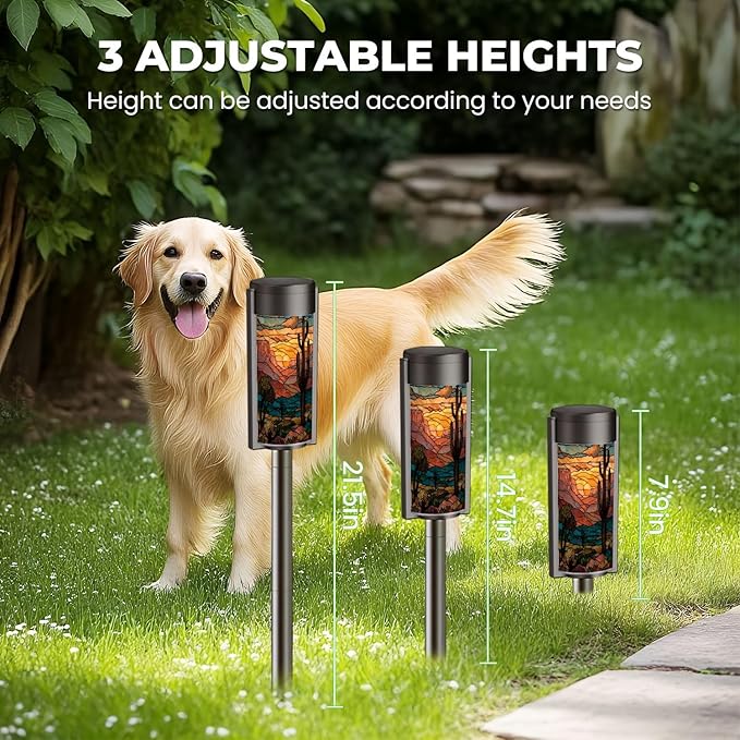 8 Pack Solar Pathway Lights Outdoor Waterproof Southwest Cactus Stained Glass Art Golden Sunset Motifs Solar Garden Lights LED Landscape Lighting for Yard Walkway Lawn Garden Decor