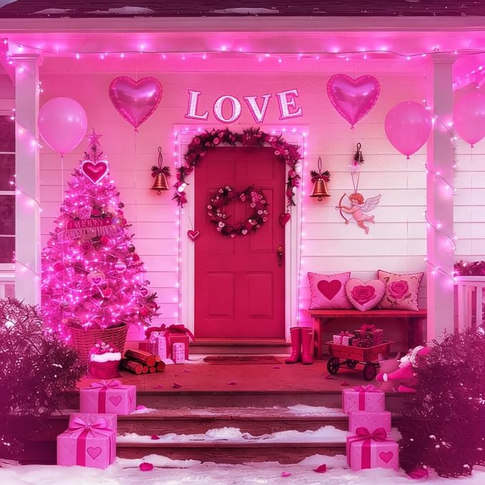 LAMPHOME Pink Valentine's Light, 600LED (24pk of 50L) Mini Christmas String Lights,Pink Lights for Outdoor Valentine's Day Garland Wedding Party Xmas Tree Decoration,Commercial Grade