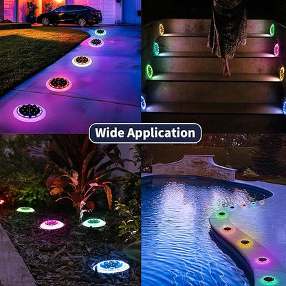Solar Dock Lights, Color Changing 48 LEDs Super Bright Disc Driveway Light, Outdoor Waterproof Flat Low Profile, Anti-Trip&Anti-Slip for Marine, Ground, Pool, Pier, Deck (RGB-W, 8Pack)