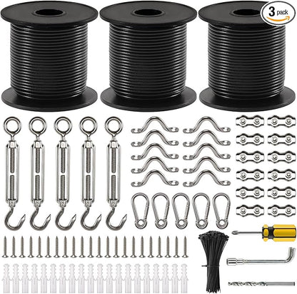 String Light Hanging Kit, 300 Ft Nylon Coated Stainless Steel Cable and Enough Accessories, Guide Wire for Outdoor String Lights, Patio Light, Camping Light