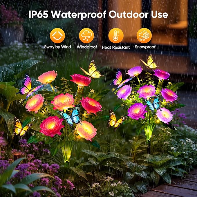 Solar Flowers Lights Outdoor Waterproof: 6 Pack LED Solar Lights Decorative for Outside Garden Decor with Butterfly Auto-On/Off for Yard Landscape Lighting, Gifts for Mom Gardening Enthusiasts