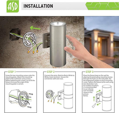 ASD LED Up Down Lights Outdoor Cylinder Wall Light 18W (120W Equiv) 1500Lm 5000K Daylight, 120V Patio Wall Light Fixture, Wet Rated, Stainless Steel Wall Sconce, ETL & Energy Star, 2-Pack
