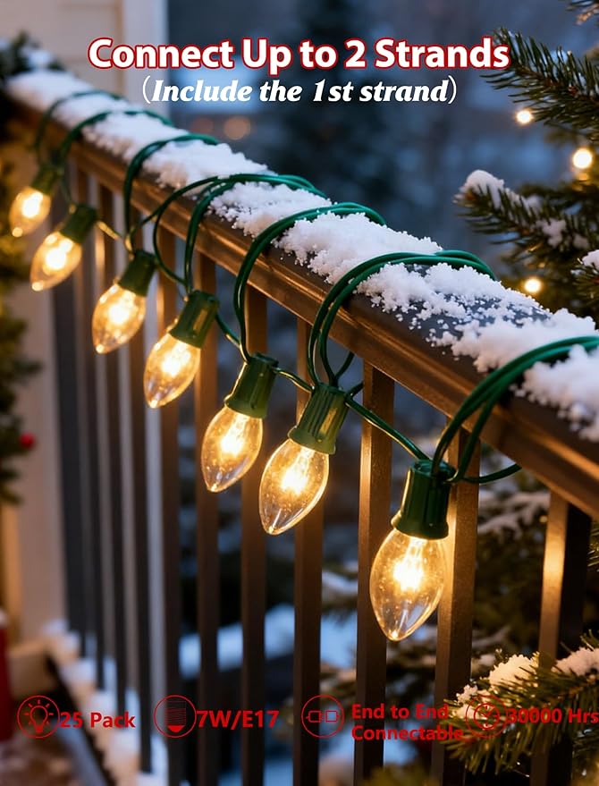 C9 Clear Christmas String Lights 25Ft C9 Outdoor Lights String with 26 Clear Bulbs, Hanging Christmas Roofline Light Patio Lights for Outdoor Decor 7 Watt C9/E17 Intermediate Base-Green Wire