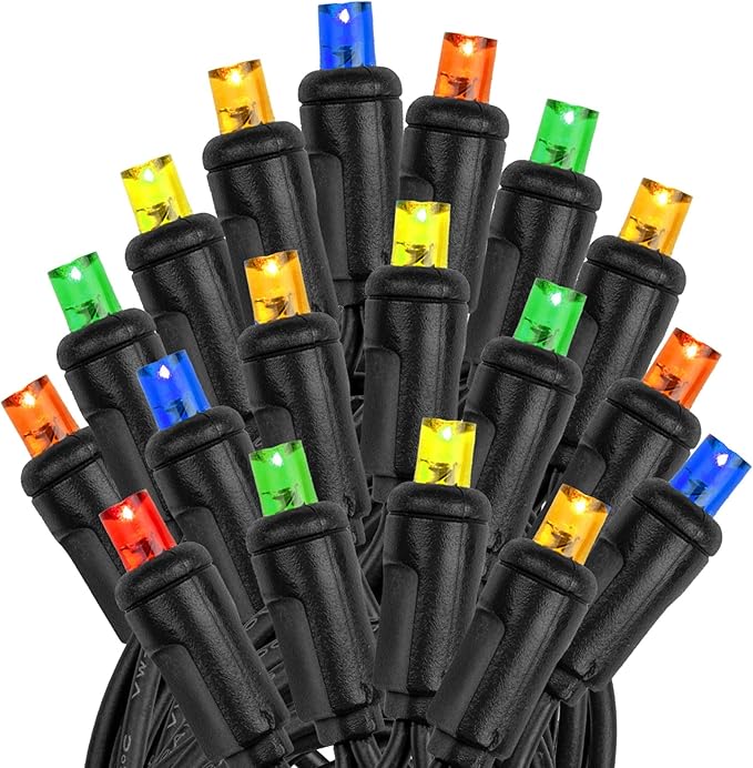 Novelty Lights 25ft Christmas String Lights, 50 Multicolor LED Bulbs on Black Wire, 6" Spacing, Connectable Indoor Outdoor Commercial Grade Lighting for Holidays Patio Weddings