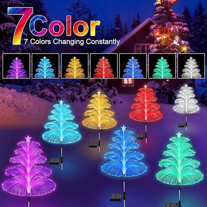 Solar Christmas Decorations Trees Lights Outdoor Waterproof Solar Christmas Tree Jellyfish Lights 5 Layer Optical Fiber 7 Color Changing for Pathway Lawn Patio Outside Decorative, 3PCS