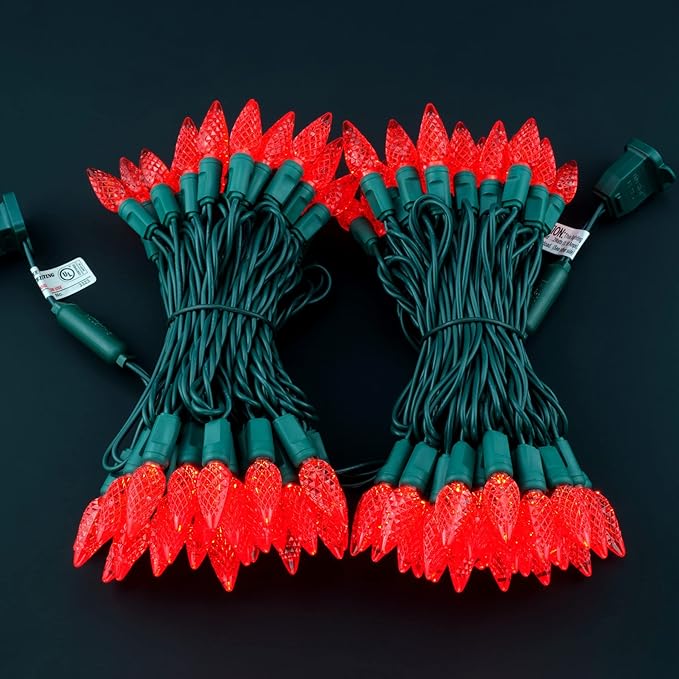 YULETIME Red C6 Strawberry LED Christmas Lights, 33 ft 100 Count 4" Spacing One-Piece High Waterproof UL Certified | Lumora