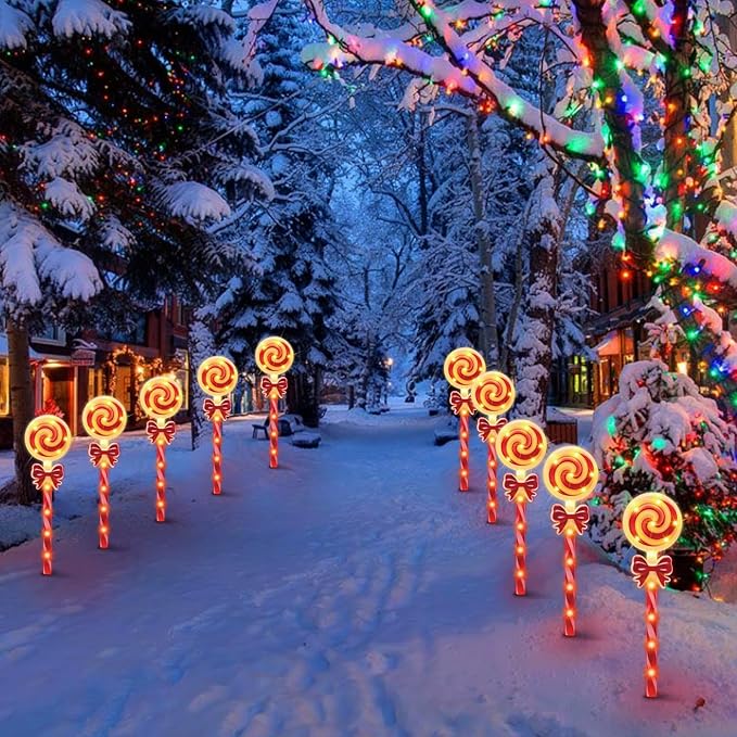 LAMPHOME Christmas Lollipop Pathway Lights，5PCS Decorations Outdoor Yard, Pathway Marker Stake Lights for Patio Ground Path Sidewalk Walkway Driveway