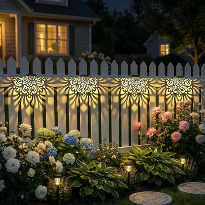 4 Pack Solar Fence Lights Outdoor Wall Lights Plastic Solar Powered Deck Step Stair Lights Mandala Theme Waterproof Fence Solar Light for Garden Post Patio Yard Decor, Gardening Gifts for Women Mom