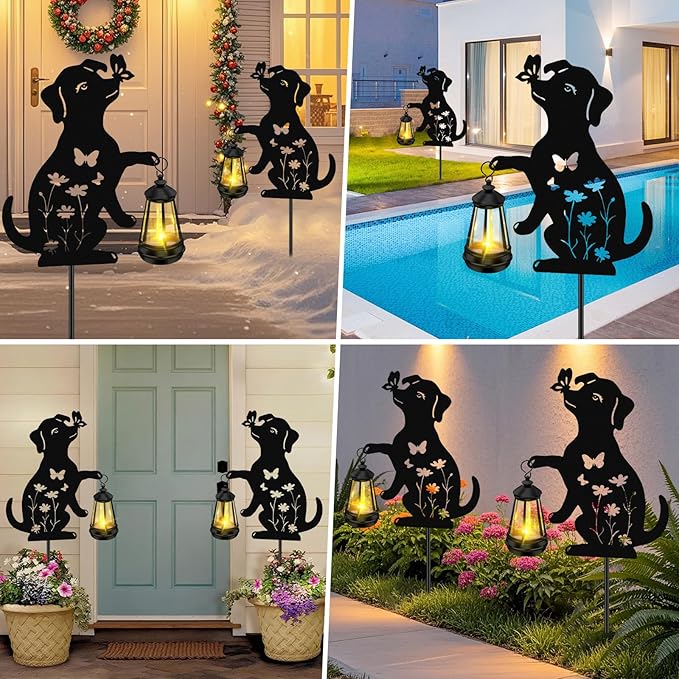 Solar Garden Statues Dog Decor - Outdoor Metal Lantern Silhouette Stake, Waterproof Solar Lights for Yard Patio | Lumora