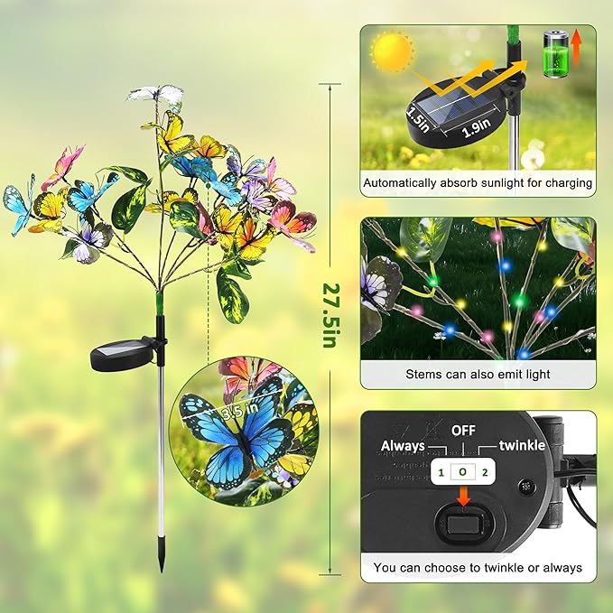 Anothera 2Pcs Solar Butterfly Lights Features Flashing or Steady-on Modes, Waterproof Sunflower Garden Lights for Outdoor, Patio, Lawn, Yard, Valentine's Day Gifts for Wife and Girlfriend