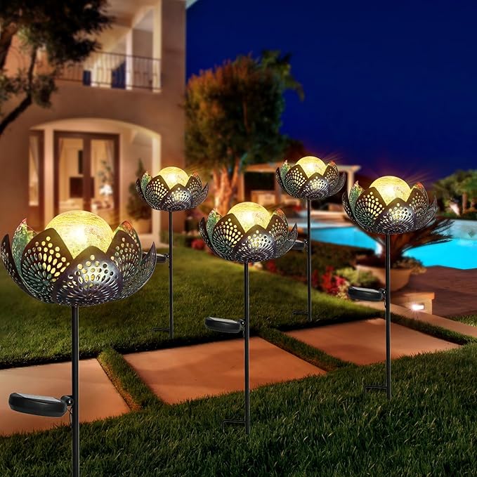 Afirst Solar Lights Outdoor, Garden Lotus Stake Lights Waterproof Decorative Pathway Light Metal Crackle Glass Solar Light Landscape for Garden,Patio,Lawn,Walkway,Tabletop,Pathway,Yard Decor, Blue