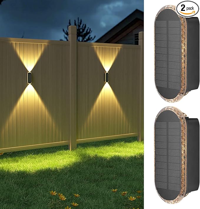 Ellasay Fence Lights Solar Powered: 2 Pack Solar Wall Lights Outdoor Up and Down IP67 Waterproof - 3 Colors Modes Brighter LED Lens Solar Lights Dusk to Dawn 12h for Backyard/Porch/Railing/Balcony