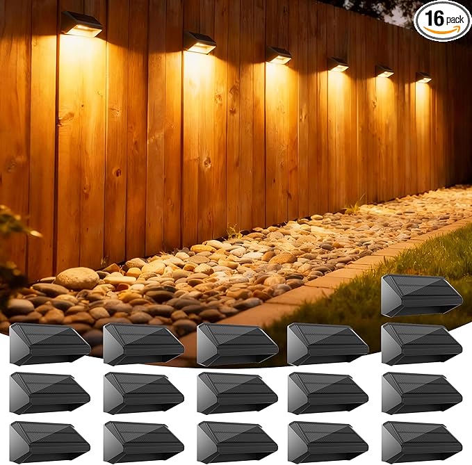 Solar Fence Lights Outdoor, 16 Pack Ultra-Bright 100 Lumens Fence Lights Solar Powered, IP65 Waterproof, 9 Color Modes, 12+ Hours Lighting Decor for Backyard/Patio/Deck/Wall/Pool