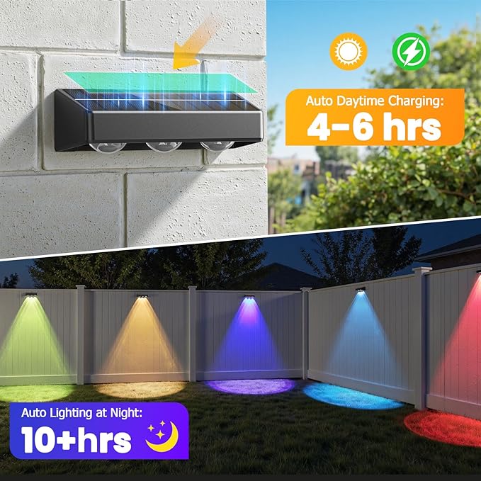NIORSUN Solar Fence Lights,12 Pack Solars Deck Light,RGB Color,Outdoor Bulb Waterproof Led IP65,Power Patio Lamp with Lenses for Outside/Backyard/Railing/Yard(Black)