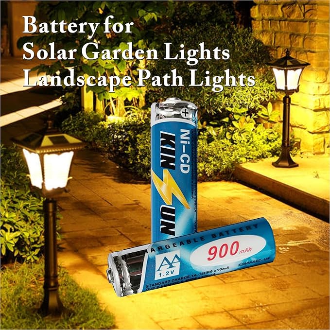 KINSUN 8-Pack Rechargeable Battery 1.2V Ni-Cd AA 900mAh for Outdoor Solar Garden Light Landscape Lights Path Lights
