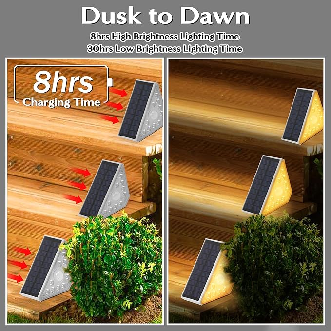 Solar Step Lights for Outside - 8 Pack Outdoor Stair Solar Powered Light, Waterproof Deck Step Triangle LED, Warm White Lighting Decor for Garden Patio Yard Porch Pathway Fence Walkway