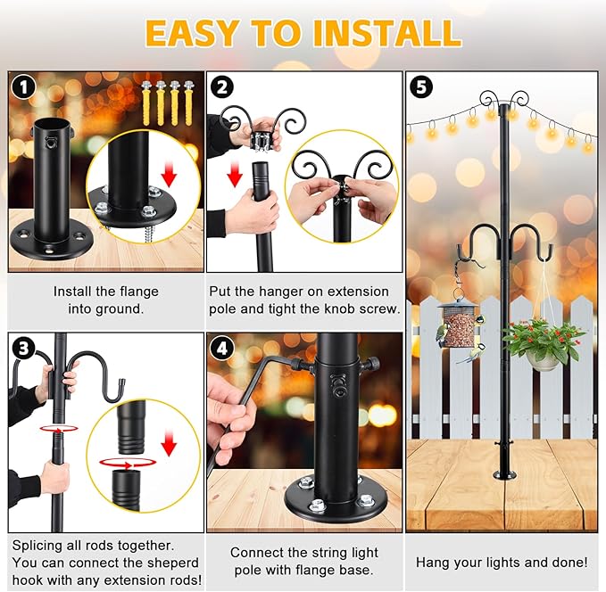 String Light Poles for Outside, 10FT Heavy Duty Outdoor String Light Pole Stand with Shepherd Hooks for Wood Deck | Lumora