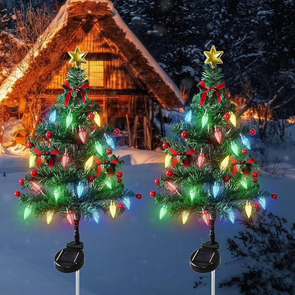 Solar Powered Mini Christmas Trees, 2026 New Solar Christmas Tree Lights Holiday Decorations, Solar Christmas Lights Outdoor Xmas Tree for Yard, Pathway, Porch, Cemetery (2PC-Strawberry Lights)