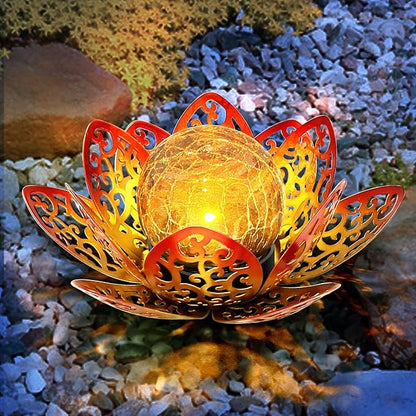 3 Pack Solar Lights Outdoor Garden 6.3 " Glass Lotus Lamp Waterproof LED Metal Flower Lights Outdoor Garden Table Decor for Outside Balcony, Patio, Deck, Porch, Walkway