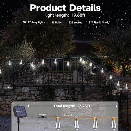 Solar Outdoor String Lights, 2 Pack 20Ft Vintage Rope Hemp Solar Patio Lights, Waterproof White Solar Powered String Lights With 8 Modes 16 Shatterproof Bulbs for Garden Stairs Balcony Café Bistro