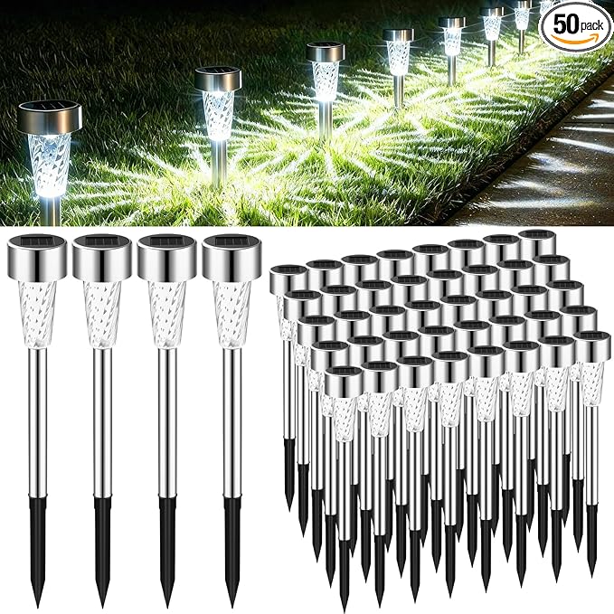 50 Pack Solar Pathway Lights Outdoor Bulk, Stainless Steel LED Path Lights, Weather Resistant Solar Stake Light with Auto On/Off Sensor for Lawn, Patio, Driveway, Walkway, Garden Path
