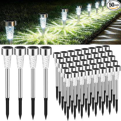 50 Pack Solar Pathway Lights Outdoor Bulk, Stainless Steel LED Path Lights, Weather Resistant Solar Stake Light with Auto On/Off Sensor for Lawn, Patio, Driveway, Walkway, Garden Path