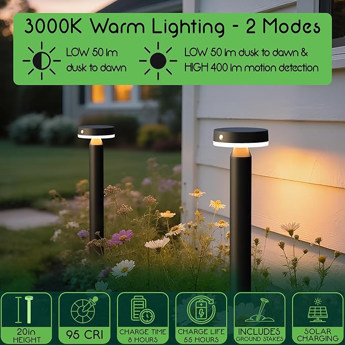 20" Solar Landscape Lights - Outdoor Solar Lights for Yard - PIR Sensor & Two Light Modes - 50lm & 400lm | Lumora