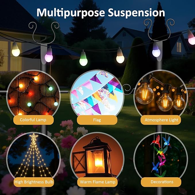 Outdoor String Light Poles 6 Pack - 10 Ft Lighting Posts with Fork,Rustproof Patio Heavy Metal Stand, Adjustable | Lumora